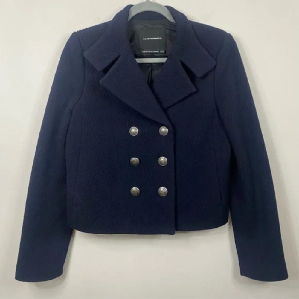 NWOT Club Monaco Cropped Heavy Wool Peacoat Navy XS Quiet Luxury - Picture 2 of 13